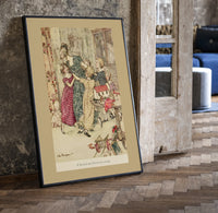 Woman with children playing indoors print in a black frame leaning beside a vintage door on parquet