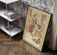 Woman with children playing indoors poster in a black frame leaning beside a shelf in a raw-plaster loft