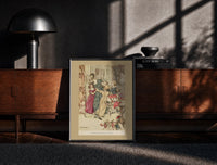Black-framed Woman with children playing indoors print on a moody console with designer coffee-table books