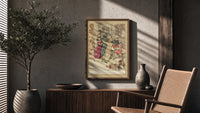 Woman with children playing indoors poster framed above a fluted sideboard beside an olive tree