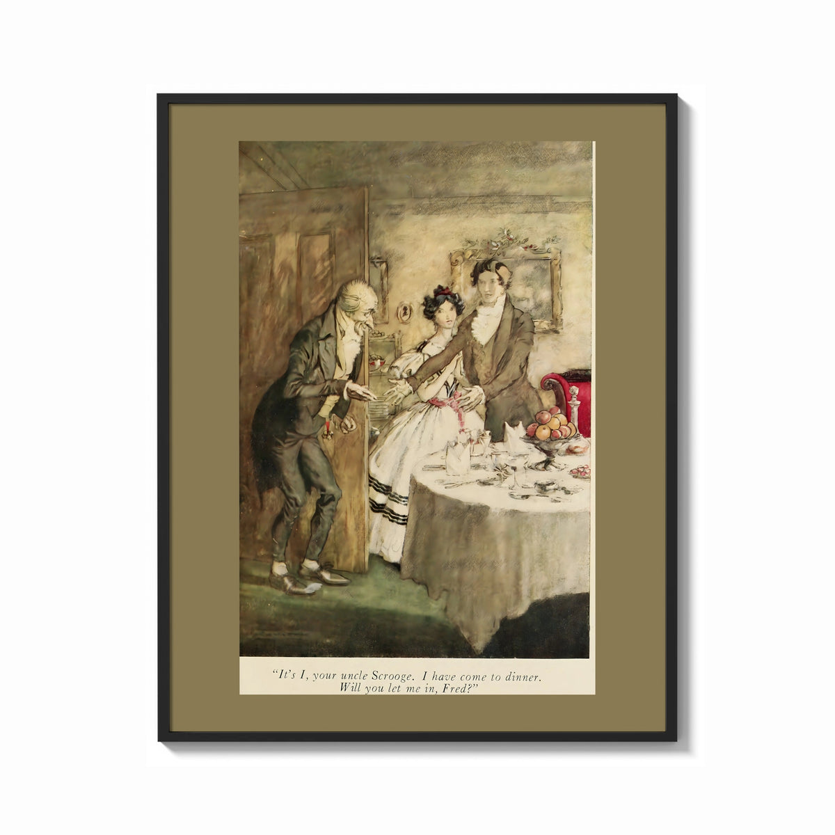 Framed Scrooge visiting nephew at dinner print shown as a bold statement piece on a clean gallery wall