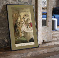 Scrooge visiting nephew at dinner print in a black frame leaning beside a vintage door on parquet