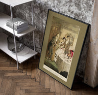 Scrooge visiting nephew at dinner poster in a black frame leaning beside a shelf in a raw-plaster loft