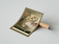 Rolled Scrooge visiting nephew at dinner poster beside its crush-resistant kraft shipping tube