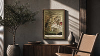 Scrooge visiting nephew at dinner poster framed above a fluted sideboard beside an olive tree