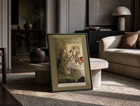 Scrooge visiting nephew at dinner print in a black frame leaning on a travertine table in a sunlit lounge