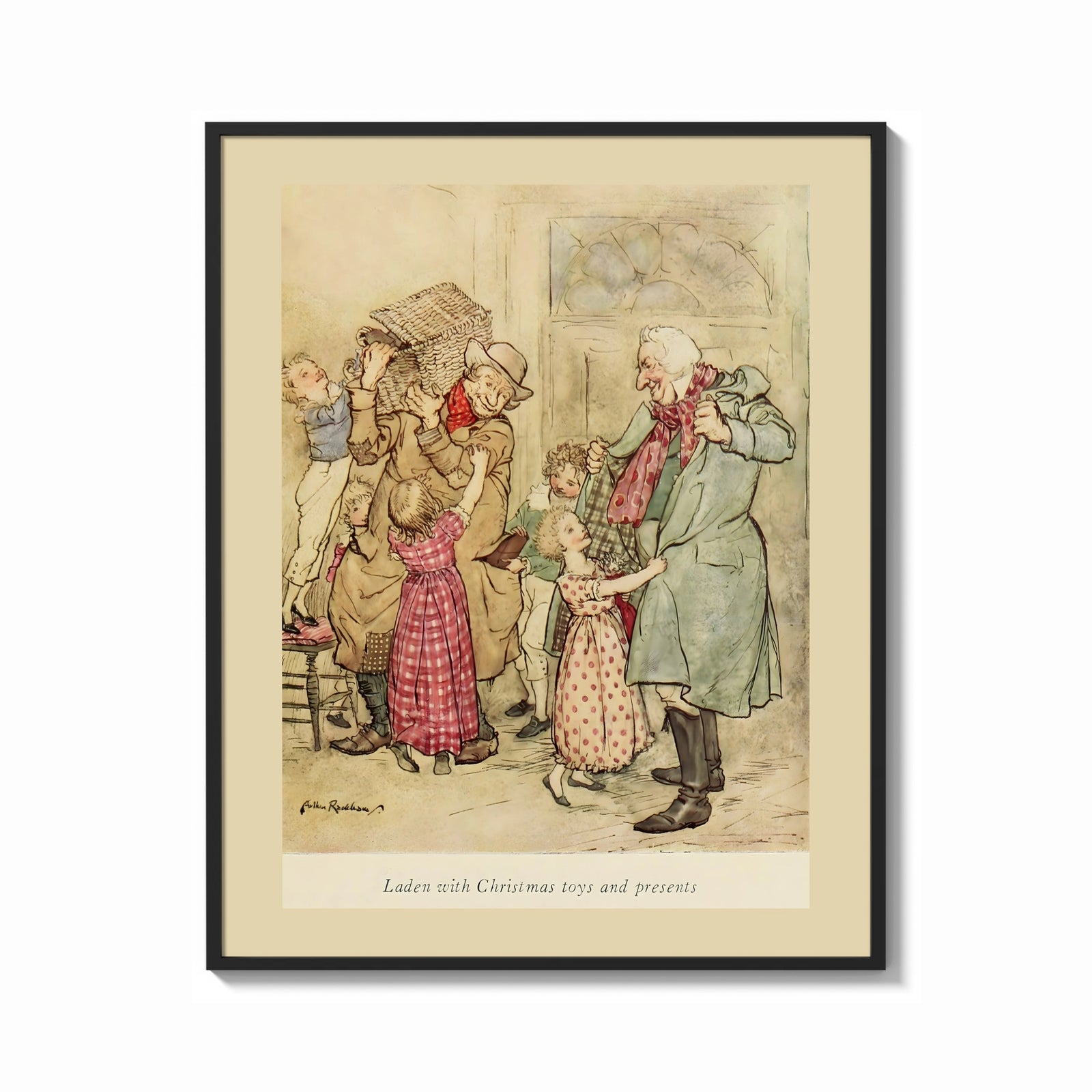 Framed Old man and children with gifts print shown as a bold statement piece on a clean gallery wall