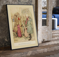 Old man and children with gifts print in a black frame leaning beside a vintage door on parquet