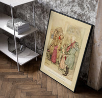 Old man and children with gifts poster in a black frame leaning beside a shelf in a raw-plaster loft