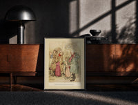 Black-framed Old man and children with gifts print on a moody console with designer coffee-table books