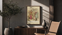 Old man and children with gifts poster framed above a fluted sideboard beside an olive tree