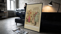 Old man and children with gifts print in a slim black frame leaning on a dark sofa in a concrete print studio