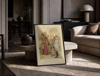 Old man and children with gifts print in a black frame leaning on a travertine table in a sunlit lounge