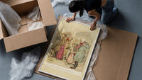 Old man and children with gifts framed print being unpacked from protective bubble wrap and a box
