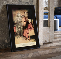 Ghost of Marley visiting Scrooge print in a black frame leaning beside a vintage door on parquet