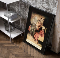 Ghost of Marley visiting Scrooge poster in a black frame leaning beside a shelf in a raw-plaster loft