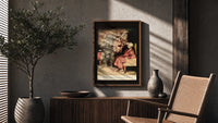 Ghost of Marley visiting Scrooge poster framed above a fluted sideboard beside an olive tree