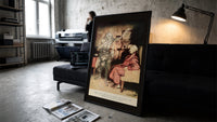Ghost of Marley visiting Scrooge print in a slim black frame leaning on a dark sofa in a concrete print studio