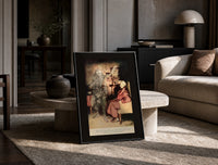 Ghost of Marley visiting Scrooge print in a black frame leaning on a travertine table in a sunlit lounge