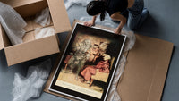 Ghost of Marley visiting Scrooge framed print being unpacked from protective bubble wrap and a box