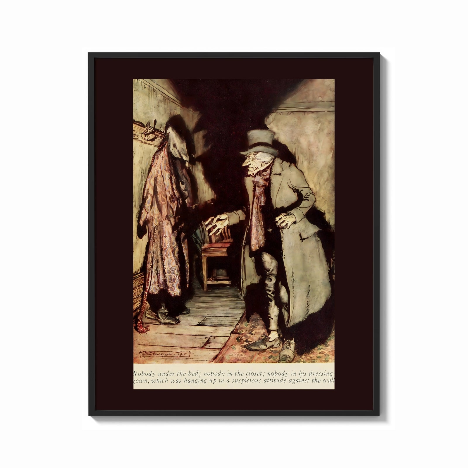 Framed Old man in nightgown examining dressing-gown print shown as a bold statement piece on a clean gallery wall