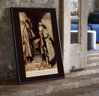 Old man in nightgown examining dressing-gown print in a black frame leaning beside a vintage door on parquet