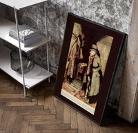 Old man in nightgown examining dressing-gown poster in a black frame leaning beside a shelf in a raw-plaster loft