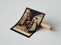 Rolled Old man in nightgown examining dressing-gown poster beside its crush-resistant kraft shipping tube