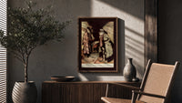 Old man in nightgown examining dressing-gown poster framed above a fluted sideboard beside an olive tree