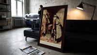 Old man in nightgown examining dressing-gown print in a slim black frame leaning on a dark sofa in a concrete print studio