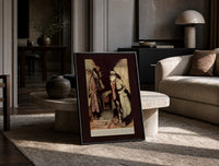 Old man in nightgown examining dressing-gown print in a black frame leaning on a travertine table in a sunlit lounge