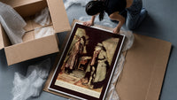 Old man in nightgown examining dressing-gown framed print being unpacked from protective bubble wrap and a box