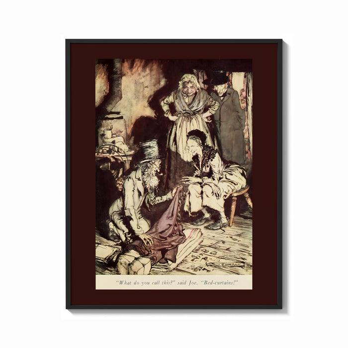 Framed Old man and figures examining cloth print shown as a bold statement piece on a clean gallery wall