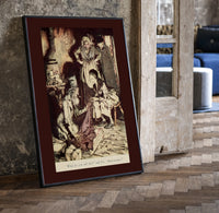 Old man and figures examining cloth print in a black frame leaning beside a vintage door on parquet