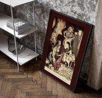 Old man and figures examining cloth poster in a black frame leaning beside a shelf in a raw-plaster loft