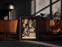 Black-framed Old man and figures examining cloth print on a moody console with designer coffee-table books