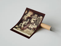 Rolled Old man and figures examining cloth poster beside its crush-resistant kraft shipping tube