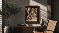 Old man and figures examining cloth poster framed above a fluted sideboard beside an olive tree
