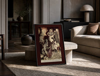 Old man and figures examining cloth print in a black frame leaning on a travertine table in a sunlit lounge