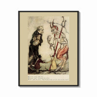 Framed Devil with pitchfork and old man print shown as a bold statement piece on a clean gallery wall