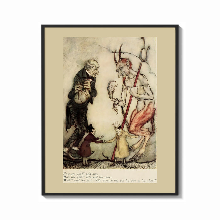 Framed Devil with pitchfork and old man print shown as a bold statement piece on a clean gallery wall