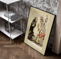 Devil with pitchfork and old man poster in a black frame leaning beside a shelf in a raw-plaster loft