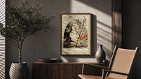 Devil with pitchfork and old man poster framed above a fluted sideboard beside an olive tree
