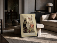 Devil with pitchfork and old man print in a black frame leaning on a travertine table in a sunlit lounge