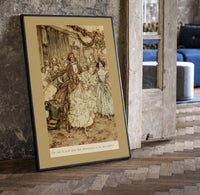 Victorian couples dancing at party print in a black frame leaning beside a vintage door on parquet