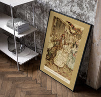 Victorian couples dancing at party poster in a black frame leaning beside a shelf in a raw-plaster loft