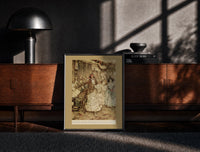 Black-framed Victorian couples dancing at party print on a moody console with designer coffee-table books