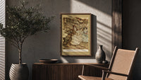 Victorian couples dancing at party poster framed above a fluted sideboard beside an olive tree