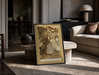 Victorian couples dancing at party print in a black frame leaning on a travertine table in a sunlit lounge
