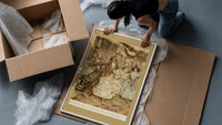 Victorian couples dancing at party framed print being unpacked from protective bubble wrap and a box